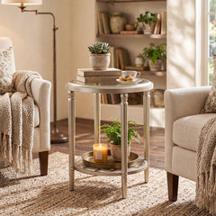 Round Side Tables, Set of 2, Champagne with Glass Top