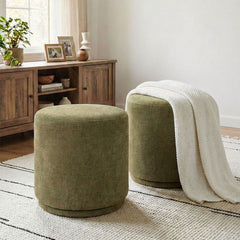 Round Swivel Ottomans, Set of 2, Green Polyester Blend Upholstery