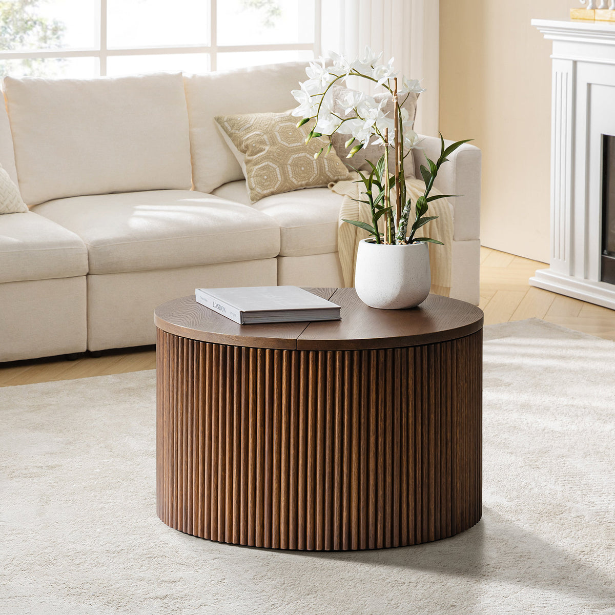 Round Table with Storage, Walnut Slat Design