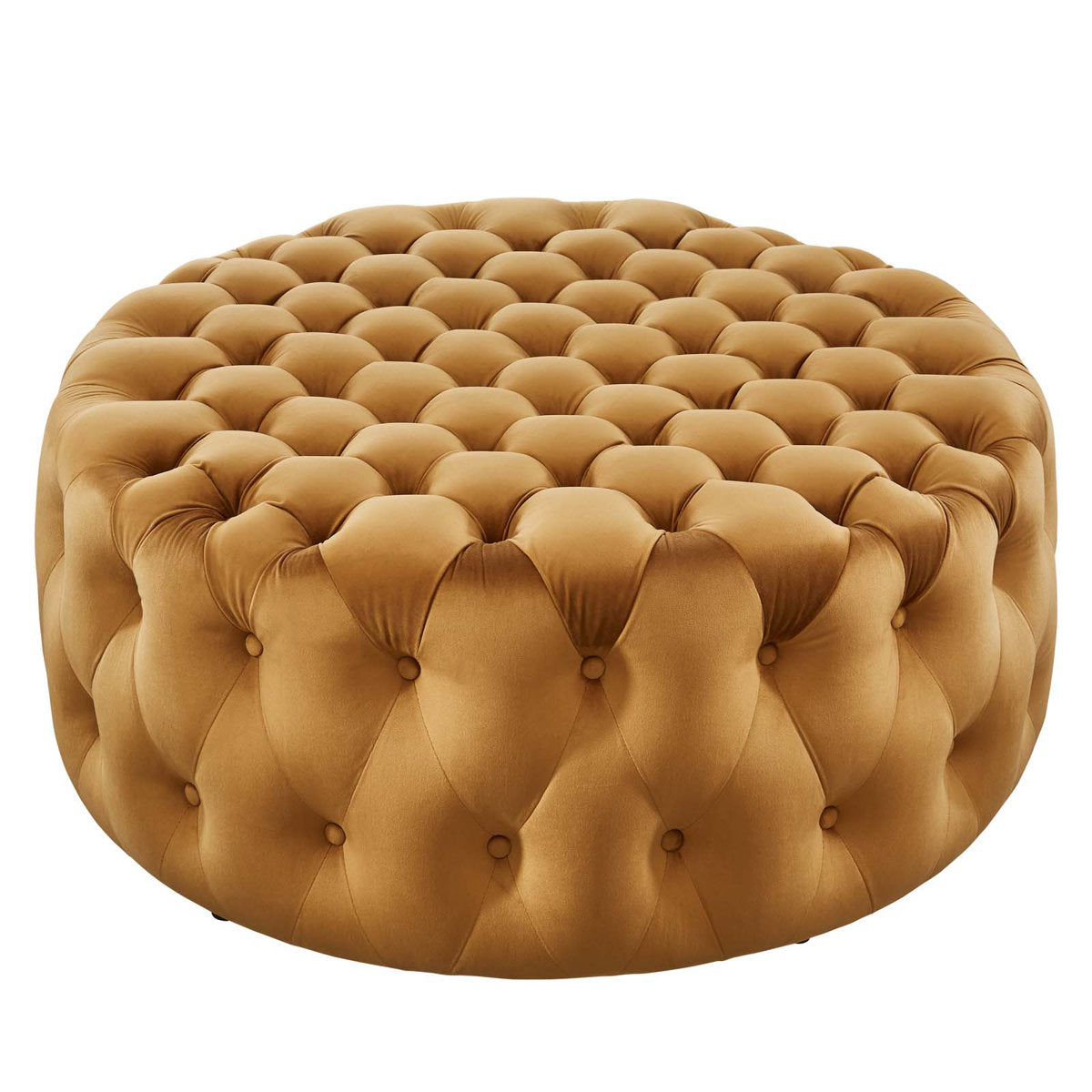 Round Tufted Ottoman, 40-Inch, Cognac Velvet with Black Plastic Legs