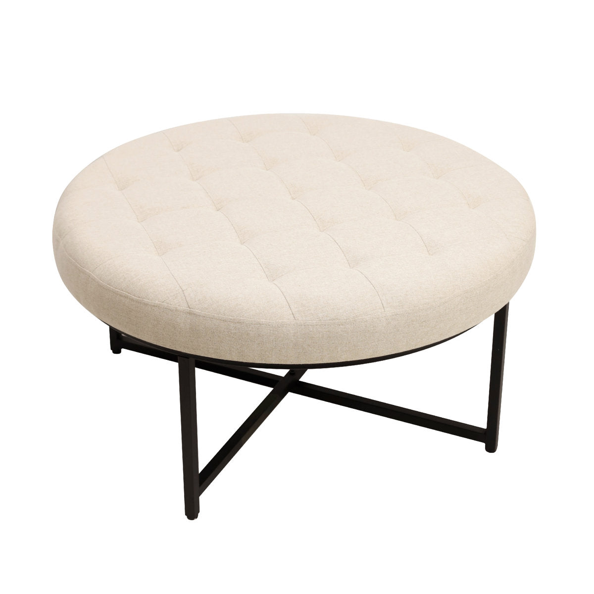 Round Tufted Ottoman, Beige Upholstery with Black Metal Legs