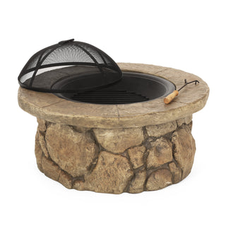 Round Wood Burning Fire Pit with Spark Screen and Lids, Brown