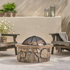 Round Wood Burning Fire Pit with Spark Screen and Lids, Brown