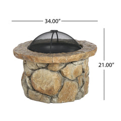 Round Wood Burning Fire Pit with Spark Screen and Lids, Brown