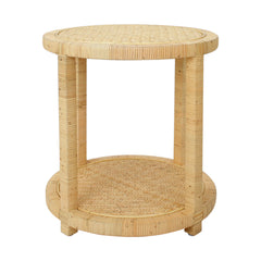 Round Woven Rattan Table, Solid Mahogany, Natural Brown