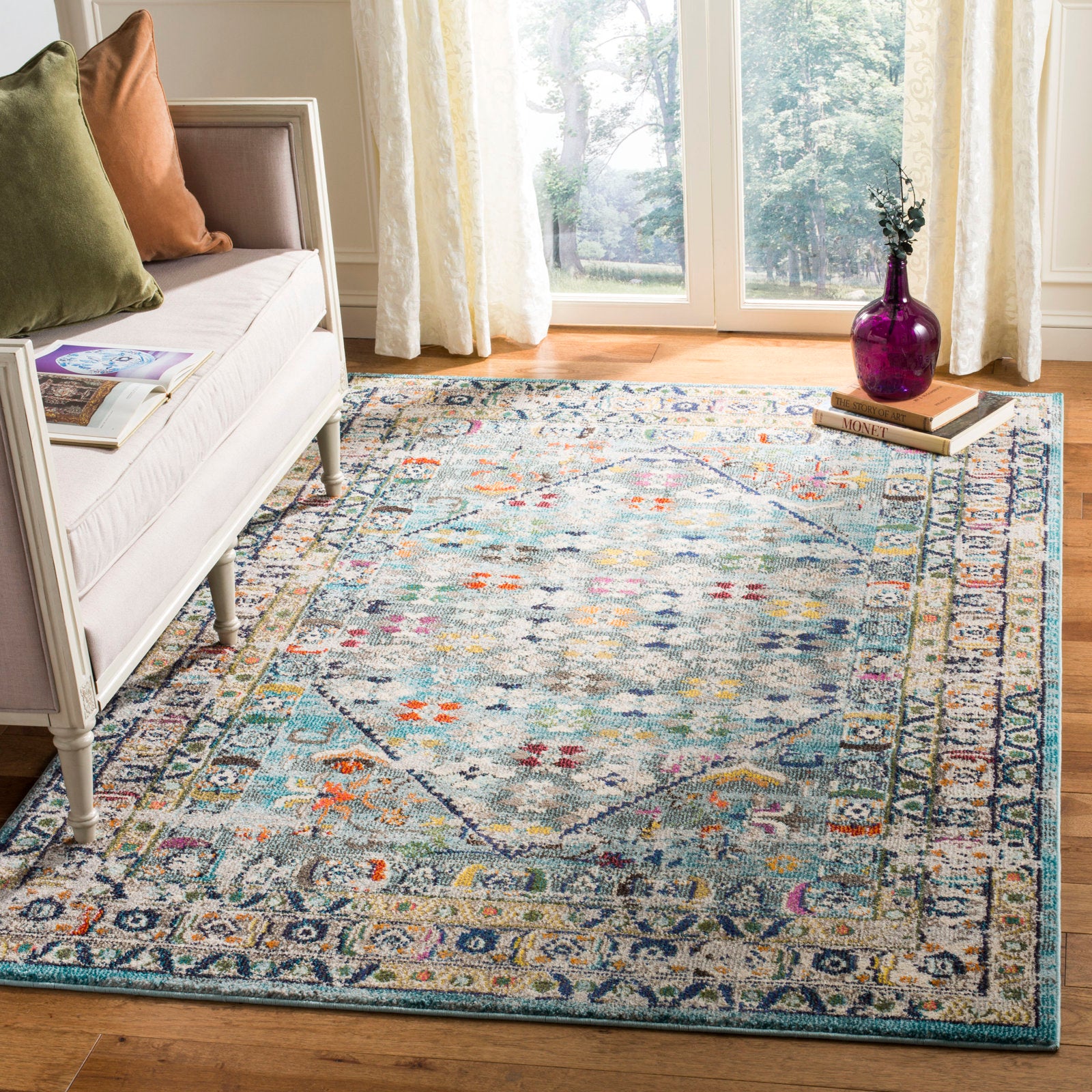 Full rug | the whole rug shown in a living room, all four edges in frame