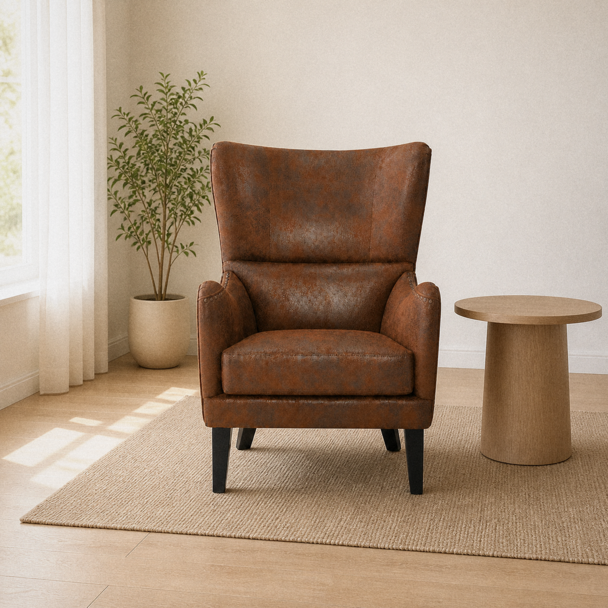 In a room | distressed brown embossed faux-leather wingback chair on a plain oatmeal rug, side table and potted plant