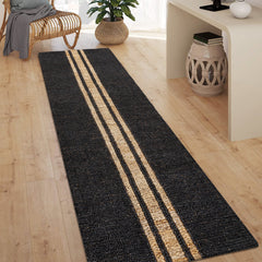 Runner Rug, 2 x 8 ft in Black and Natural Jute