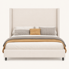 Detail | Close studio view of the horizontal corduroy ribs across the headboard and footboard
