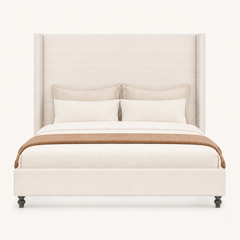 Front | Straight-on studio view of the complete bed with horizontal corduroy texture and turned dark feet