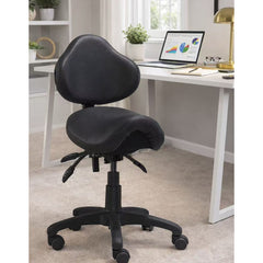 Saddle Stool with Adjustable Height and Tilt, Black Faux Leather and Chrome Frame