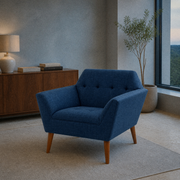 Room 3 | deep navy basketweave armchair in a cool limewash room with a right-side window and walnut console
