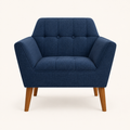 Studio front | deep navy basketweave armchair with two tufted buttons, three back panels, and pecan birch legs