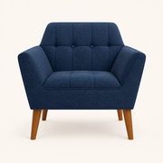 Studio front | deep navy basketweave armchair with two tufted buttons, three back panels, and pecan birch legs