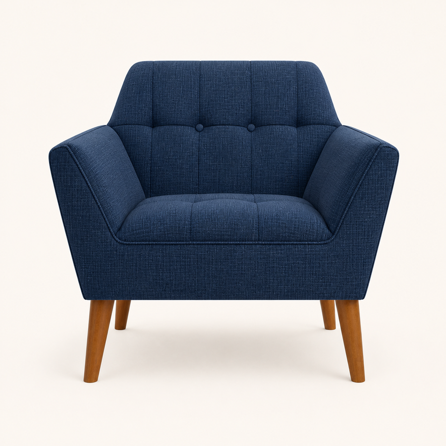 Studio front | deep navy basketweave armchair with two tufted buttons, three back panels, and pecan birch legs