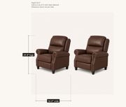 Dimensions | two matching upright push-back recliners with per-chair 39.8-inch height and 34.6-inch width callouts; the diagram also states 34.6-inch depth