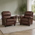 Room | two matching reddish-brown push-back recliners in a sage living room, complete set with rolled arms, nailhead trim and black turned bun feet