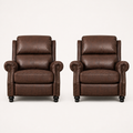 Front | two reddish-brown distressed faux-leather push-back recliners in a clean studio view, showing rolled arms, nailhead trim, loose seat cushions and black turned bun feet