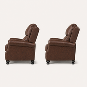Side profile | two matching reddish-brown push-back recliners in a clean studio side view, showing depth, stepped backs, rolled arms and black turned bun feet