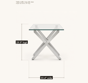 Dimensions | table width and height labeled from a true side view