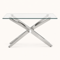 Front | silver pedestal glass dining table centered on paper, rectangular top facing camera