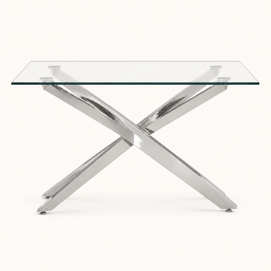 Front | silver pedestal glass dining table centered on paper, rectangular top facing camera