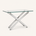 Studio | true three-quarter studio view of the clear top and the crossed silver pedestal