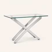 Studio | true three-quarter studio view of the clear top and the crossed silver pedestal