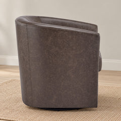 Dark brown faux leather barrel chair, studio view