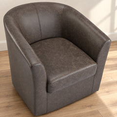 Dark brown faux leather barrel chair, overhead view