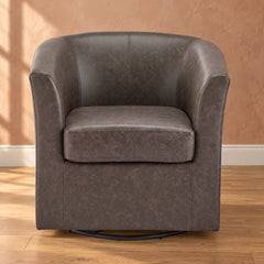 Dark brown faux leather barrel chair, front three-quarter