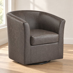 Dark brown faux leather barrel chair, three-quarter view