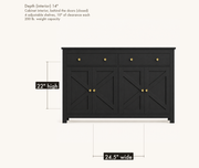 Interior dimensions | cabinet interior diagram behind the closed doors, 24.5 inches wide and 22 inches high, four adjustable shelves