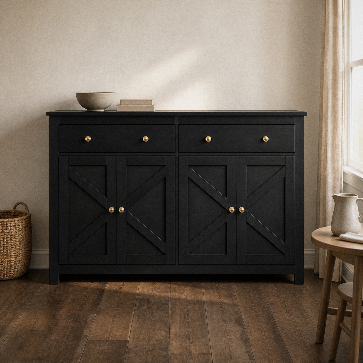 In a room | black sideboard with X-brace doors against an ivory plaster wall, dried branches by the window, warm afternoon light from the right