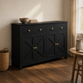 Room angle | same plaster dining room, sideboard at a true three-quarter so the X-brace doors and side panel both read