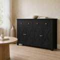 Third room | same sideboard in a warm flax dining room with a tall dried-branch floor vase, bright midday window light