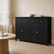 Third room | same sideboard in a warm flax dining room with a tall dried-branch floor vase, bright midday window light