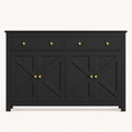 Front | black sideboard centered on paper, two drawers over four X-brace doors, round knobs