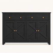 Front | black sideboard centered on paper, two drawers over four X-brace doors, round knobs