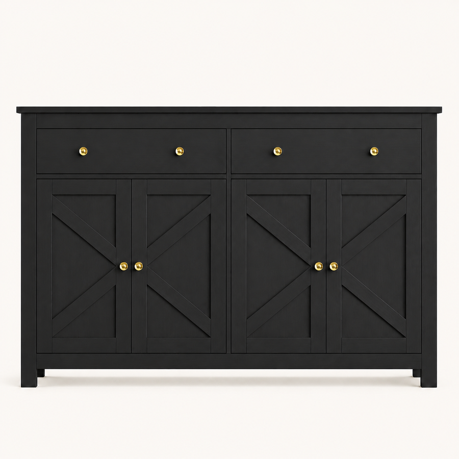 Front | black sideboard centered on paper, two drawers over four X-brace doors, round knobs