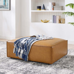 Sectional Ottoman in Tan Faux Leather with Brown Plastic Legs