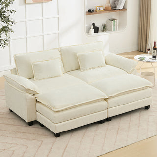 Sectional Sofa with Ottoman, 2 Seats, White Chenille with Black Legs