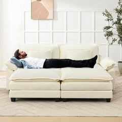 Sectional Sofa with Ottoman, 2 Seats, White Chenille with Black Legs