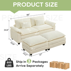 Sectional Sofa with Ottoman, 2 Seats, White Chenille with Black Legs