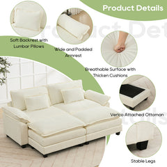 Sectional Sofa with Ottoman, 2 Seats, White Chenille with Black Legs