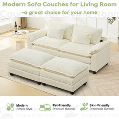 Sectional Sofa with Ottoman, 2 Seats, White Chenille with Black Legs