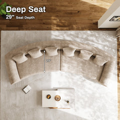 Sectional Sofa with Two Curved Sections in Light Brown Chenille