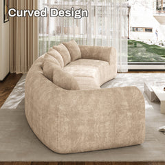 Sectional Sofa with Two Curved Sections in Light Brown Chenille