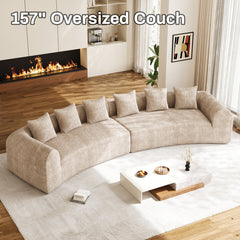 Sectional Sofa with Two Curved Sections in Light Brown Chenille