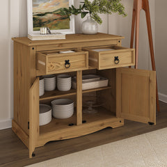 Server with 2 Drawers, Solid Pine Wood, Antique Brown